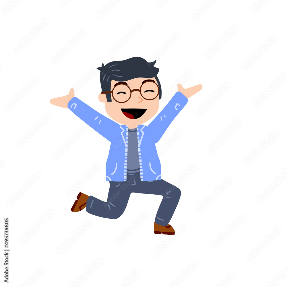 Little boy with glasses run. Happy smart child waves his hands. Cute Character in blue clothes. Flat cartoon