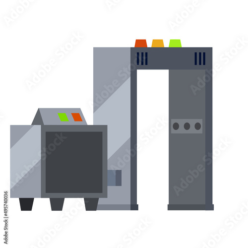 Metal detector. Safety frame. Checking dangerous items. Airport counterterrorism equipment. Modern technological gates and entrance. X-ray interoscope.