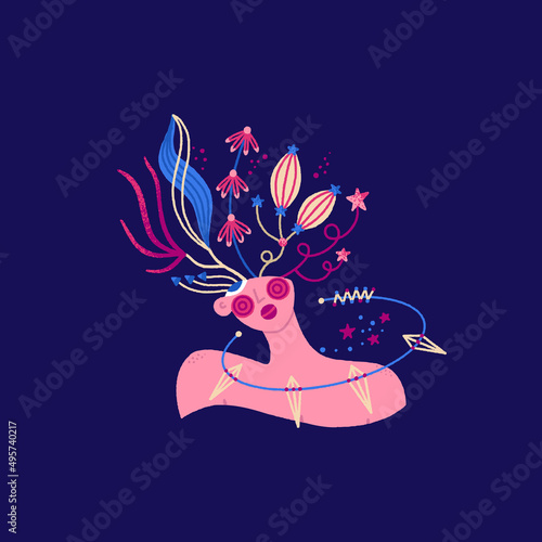 Vector bust of a woman. An illustration of the inner self, subconsciousness, imagination, individuality. Introvert. Surreal composition. Print on T-shirt, postcard, diary cover