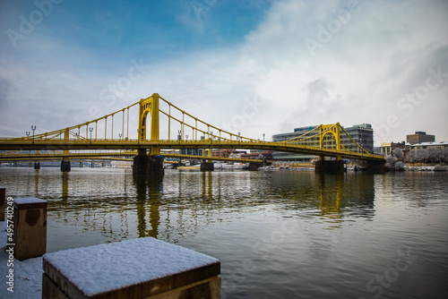 Roberto Clemente bridge over Allegheny River with a cityscape background in Pittsburgh, USA photo