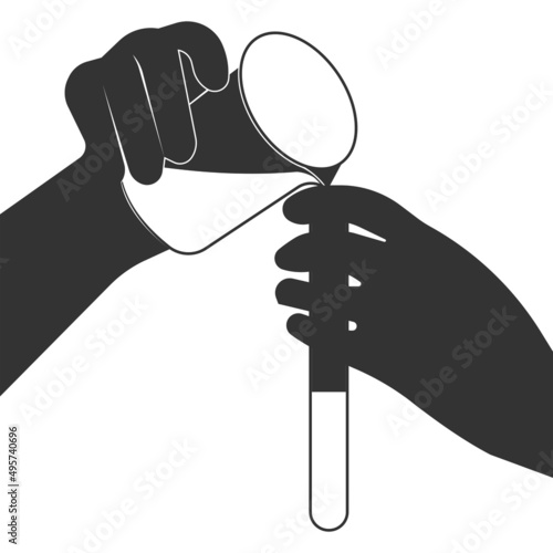 Mixing chemicals into a test tube. Vector flat image.
