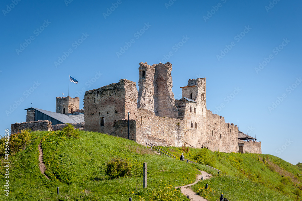 Landscape with medieval Rakvere castle, Estonia. Ruins of a medieval knight's castle in sunny spring day.