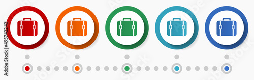 Suitcase, case concept vector icon set, flat design colorful buttons, infographic template in 5 color options