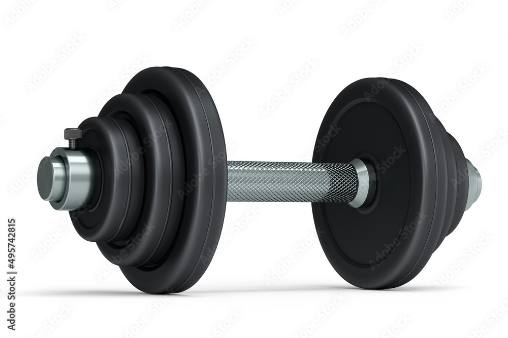 Metal dumbbell with black disks isolated on white background Metal dumbbell with black disks isolated on white background