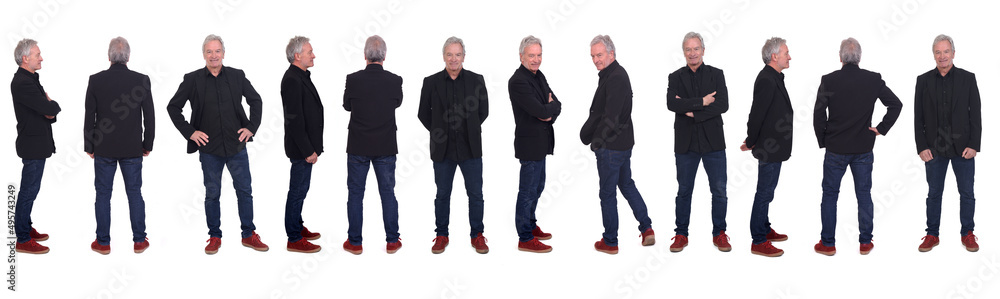 line of large group of same man various poses with clothing sneakers, jeans and blazeron white background line of large group of same man various poses with clothing sneakers, jeans and blazeron white background