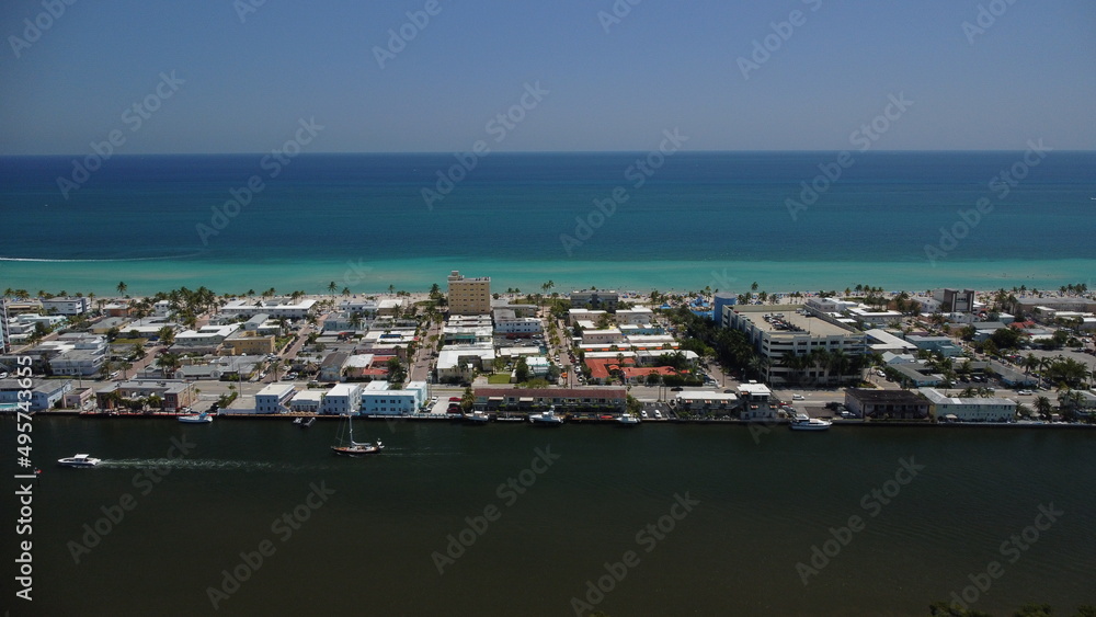 Oceanfront tourist town, Hollywood located in South Florida.  Aerial view of ocean and intracoastal waterway