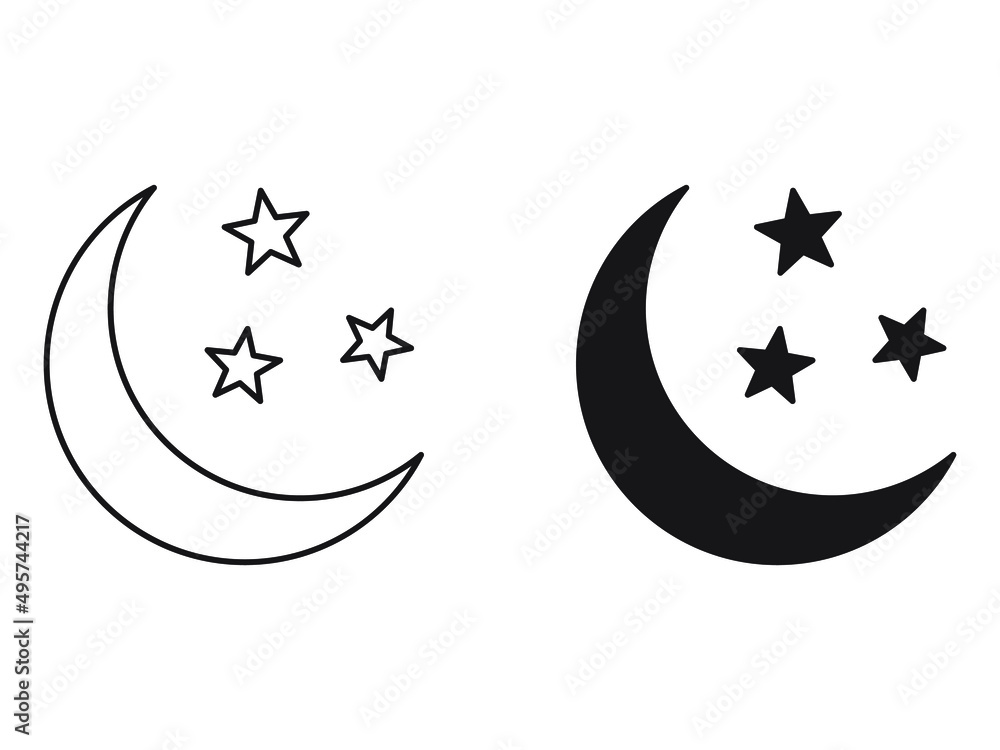 Moon With Stars Line Icon On White Background. Minimalist style. Moon With Stars Line Icon On White Background. Minimalist style.