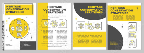 Heritage preservation management yellow brochure template. Leaflet design with linear icons. 4 vector layouts for presentation, annual reports. Arial, Myriad Pro-Regular fonts used