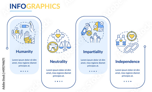 Foreign aid regulations rectangle infographic template. Humanity. Data visualization with 4 steps. Process timeline info chart. Workflow layout with line icons. Lato-Bold, Regular fonts used