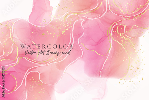 Rose pink liquid watercolor background with golden dots. Dusty blush marble alcohol ink drawing effect. Vector illustration design template for wedding invitation, menu, rsvp