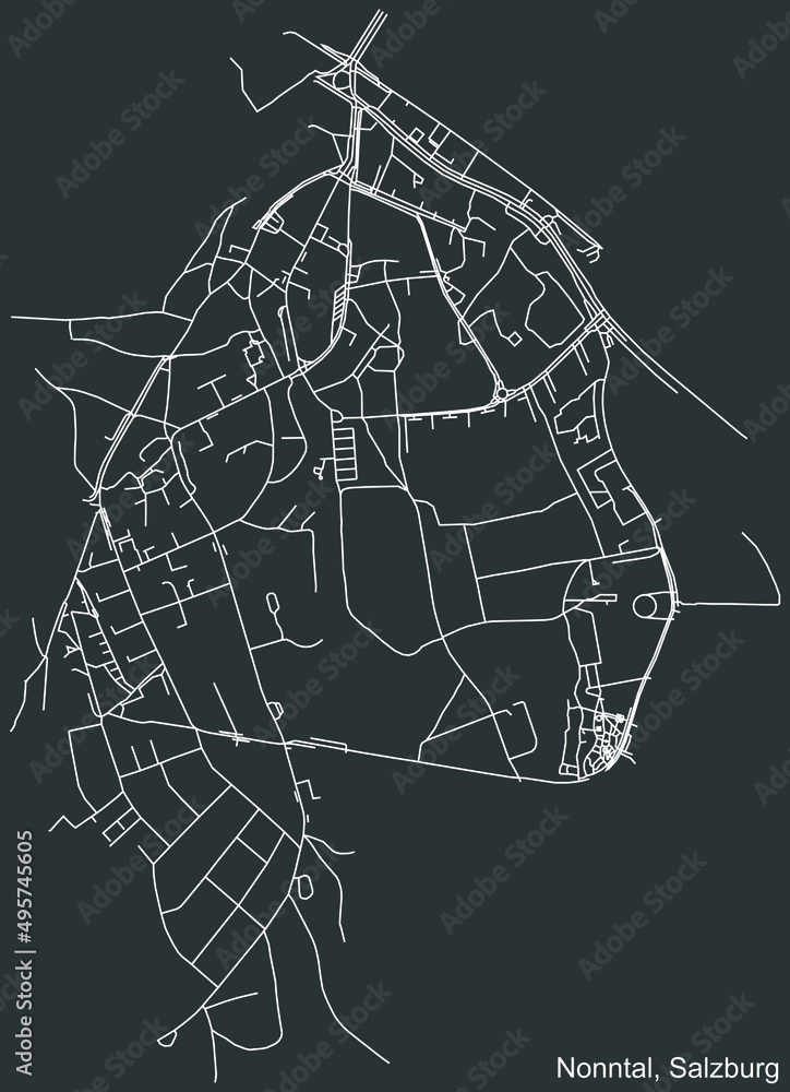 Detailed negative navigation white lines urban street roads map of the NONNTAL DISTRICT of the Austrian regional capital city of Salzburg, Austria on dark gray background