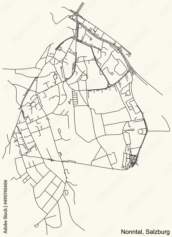 Detailed navigation black lines urban street roads map of the NONNTAL DISTRICT of the Austrian regional capital city of Salzburg, Austria on vintage beige background