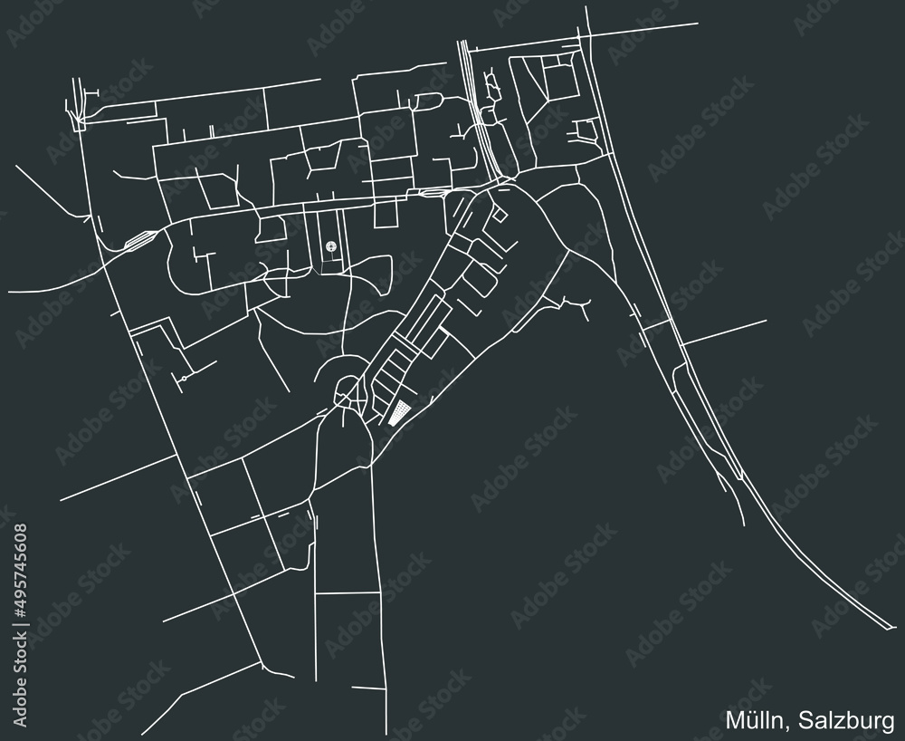 Detailed negative navigation white lines urban street roads map of the MÜLLN DISTRICT of the Austrian regional capital city of Salzburg, Austria on dark gray background