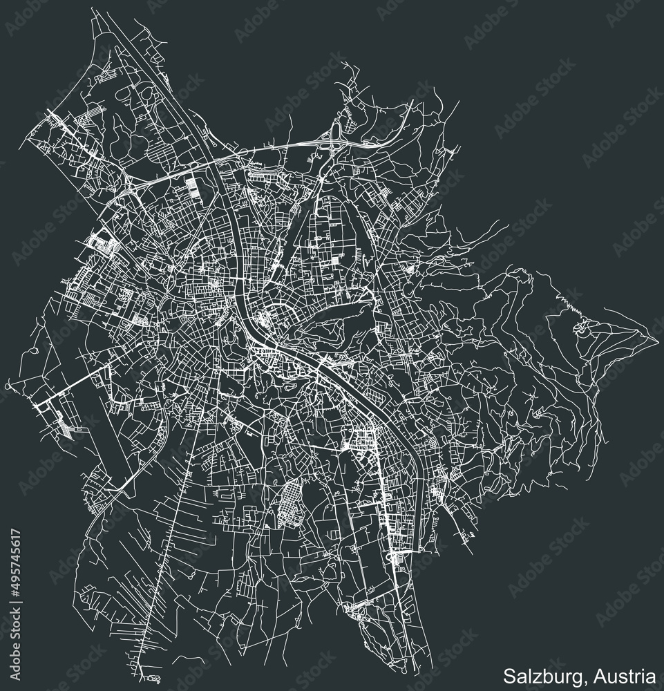 Detailed negative navigation white lines urban street roads map of the Austrian regional capital city of SALZBURG, AUSTRIA on dark gray background
