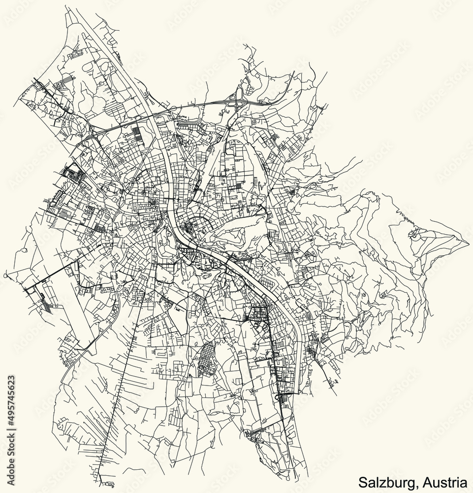 Fototapeta premium Detailed navigation black lines urban street roads map of the Austrian regional capital city of SALZBURG, AUSTRIA on vintage beige background