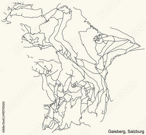 Detailed navigation black lines urban street roads map of the GAISBERG DISTRICT of the Austrian regional capital city of Salzburg, Austria on vintage beige background