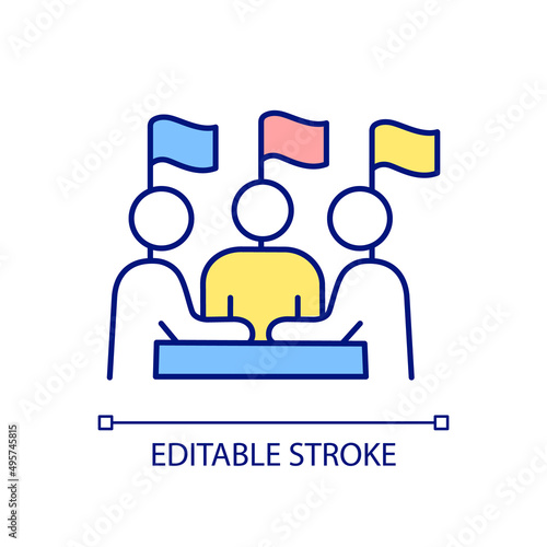 International political negotiation RGB color icon. Meeting of countries leaders. Partners relations. Isolated vector illustration. Simple filled line drawing. Editable stroke. Arial font used