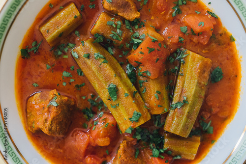 close up of Bamya, Bamia, okra beef middle eastern Persian Iraqi stew with lamb and tomato photo