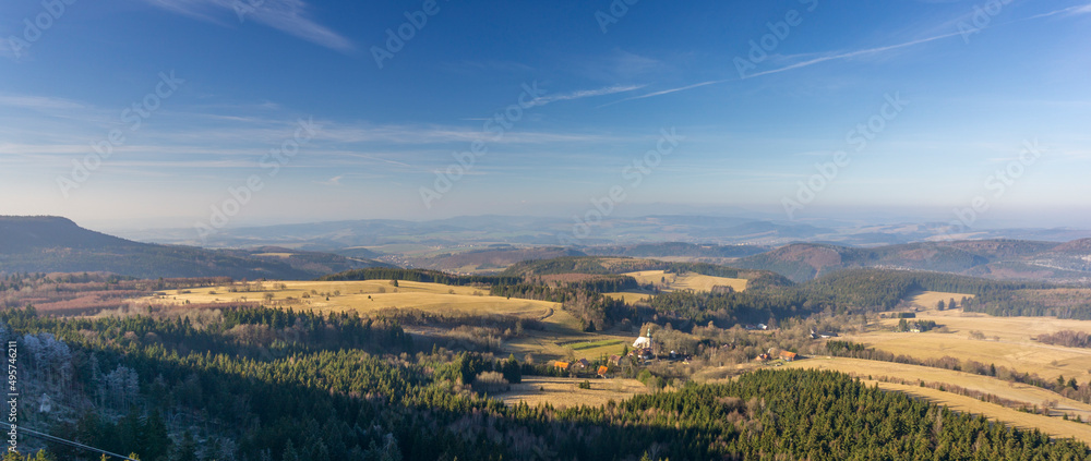 Panorama from the top of the Mountains of Szczeliniec in the Polish Mountains of Pieniny