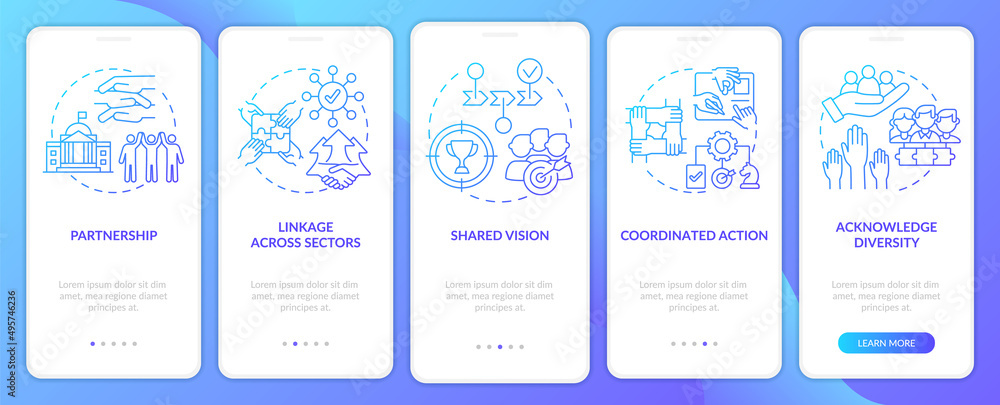 ILAP blue gradient onboarding mobile app screen. Social planning walkthrough 5 steps graphic instructions pages with linear concepts. UI, UX, GUI template. Myriad Pro-Bold, Regular fonts used