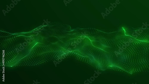 Digital technology background. Abstract dynamic wave of connected dots and lines on dark background. Wave of bright particles. Big data. 4K illustration. 3d rendering.