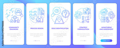 Social planning stages blue gradient onboarding mobile app screen. Walkthrough 5 steps graphic instructions pages with linear concepts. UI, UX, GUI template. Myriad Pro-Bold, Regular fonts used