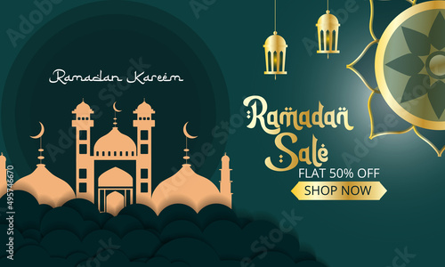 ramadan sale background elegant with cloud and lanterns