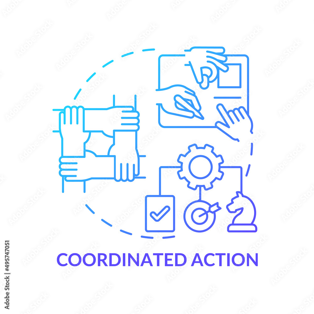 Coordinated action blue gradient concept icon. Team strategy and work. Synergy. ILAP principle abstract idea thin line illustration. Isolated outline drawing. Myriad Pro-Bold fonts used