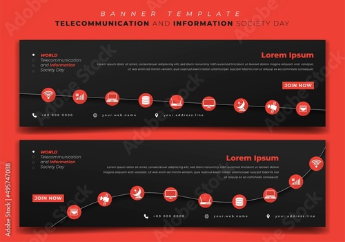 Web Banner template for telecommunication and information society day with technology icons design
