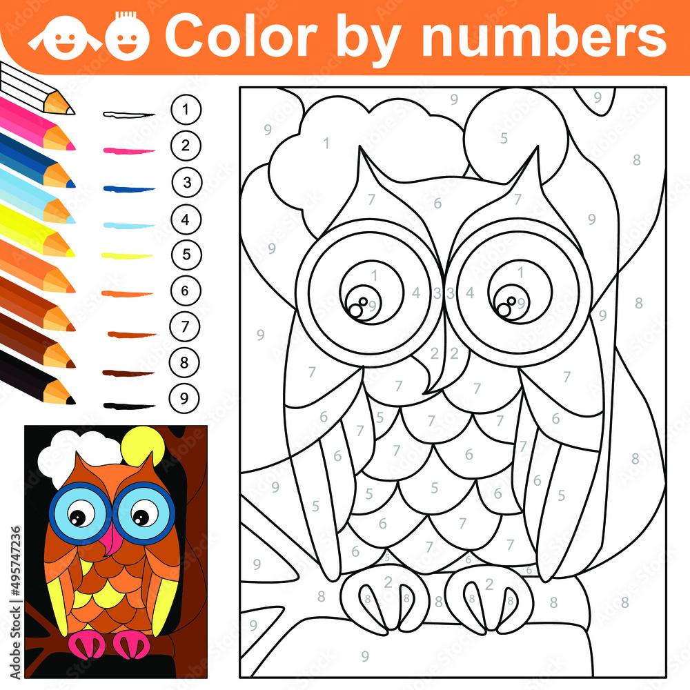 Color by Numbers. Owl on a tree branch at night. Coloring puzzle with
