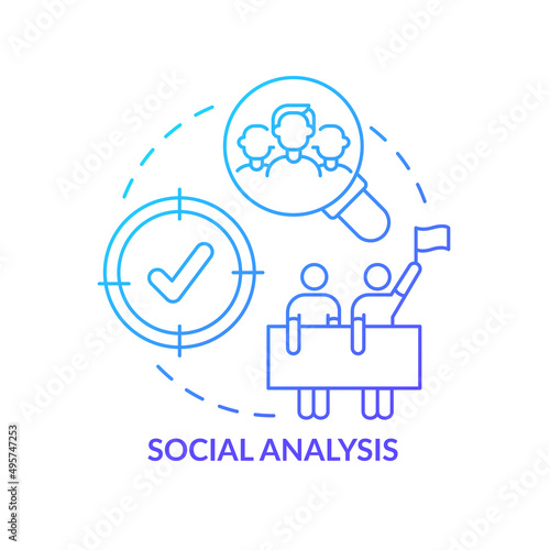 Social analysis blue gradient concept icon. Research of community issue. Social planning organizes abstract idea thin line illustration. Isolated outline drawing. Myriad Pro-Bold fonts used