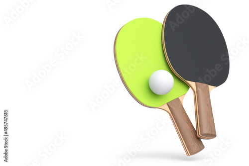 Pair of ping pong rackets for table tennis with ball isolated on white