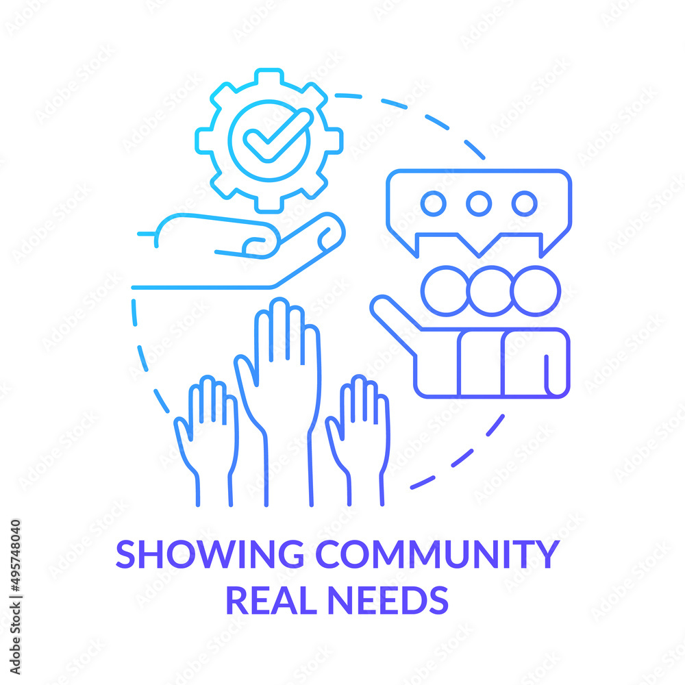 Showing community real needs blue gradient concept icon. Social planning. Reason for participation abstract idea thin line illustration. Isolated outline drawing. Myriad Pro-Bold fonts used Showing community real needs blue gradient concept icon. Social planning. Reason for participation abstract idea thin line illustration. Isolated outline drawing. Myriad Pro-Bold fonts used