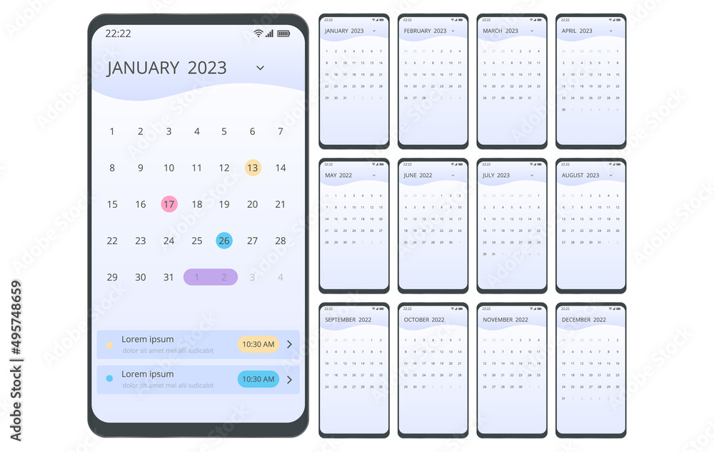 Smartphone 2023 Calendar App. Planner Application Template for Smartphone Smartphone 2023 Calendar App. Planner Application Template for Smartphone