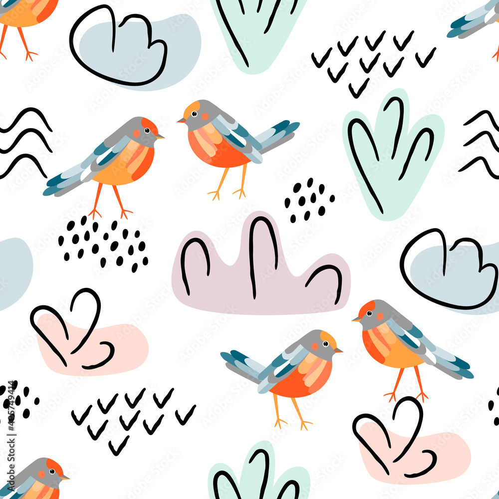Seamless pattern with cute birds and abstract shapes.Trendy background and texture for printing on fabrics and paper.Hand drawn vector isolated illustration in cartoon for design card,poster,cover. Seamless pattern with cute birds and abstract shapes.Trendy background and texture for printing on fabrics and paper.Hand drawn vector isolated illustration in cartoon for design card,poster,cover.