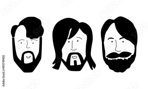 Set of men, hipsters with trendy hairstyles and beards. Silhouettes, emblems, badges, labels. Vector illustration in doodle style.