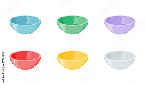 Set of empty multi-colored deep bowls. Vector illustration of plate for soup, rice or porridge.