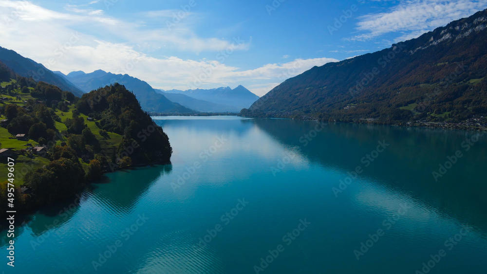 Amazing Lake Brienz in Switzerland with its blue water - aerial view