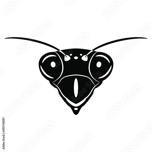 Head of a praying mantis. Tenodera sinensis. Insect animal mask. Black and white negative silhouette. Logo style. photo