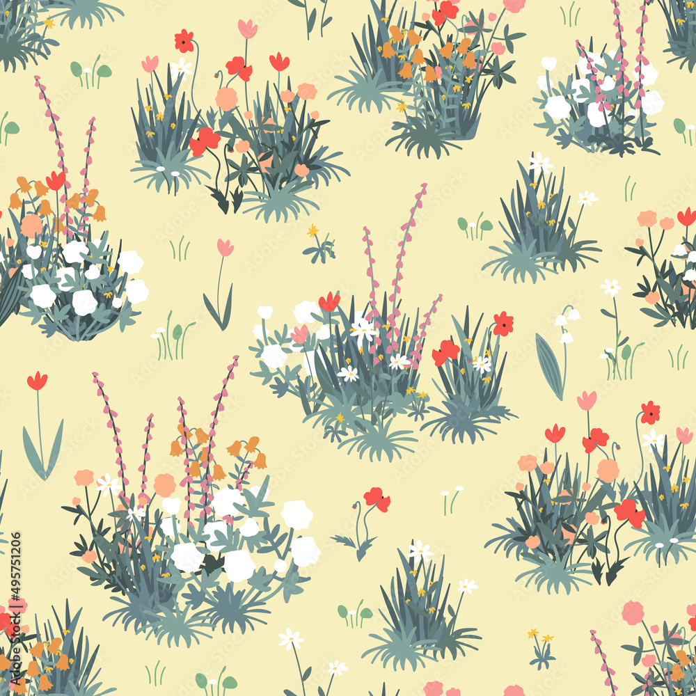 Spring garden seamless patter. Meadow flowers and grass blooming. Rustic garden landscape.