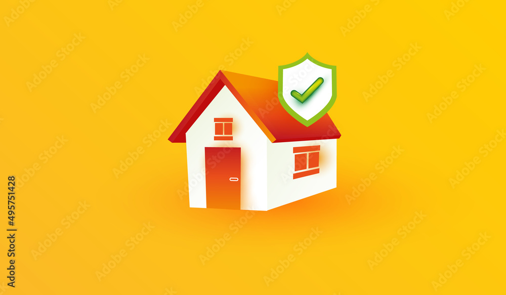 Home icon with shield and check mark icon isolated on yellow background. House safety symbol. Insurance Concept 3d vector illustration style. Home icon with shield and check mark icon isolated on yellow background. House safety symbol. Insurance Concept 3d vector illustration style.