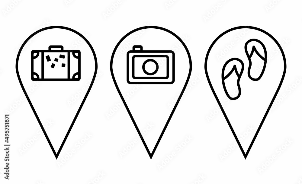 Pin icons set. Location sign and symbol. Pins directly pointing to the sea, Tourism, travel, flight, tropics. Design elements of suitcase, camera, sandals for banner, poster, advertising, game, apps Pin icons set. Location sign and symbol. Pins directly pointing to the sea, Tourism, travel, flight, tropics. Design elements of suitcase, camera, sandals for banner, poster, advertising, game, apps