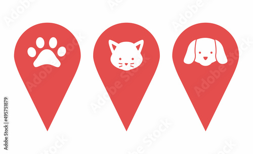 Location pin set. Pins indicating the location of a veterinary clinic, pet store, animal care center. Badges depicting cat and dog faces, paw prints. Vector illustration in flat style