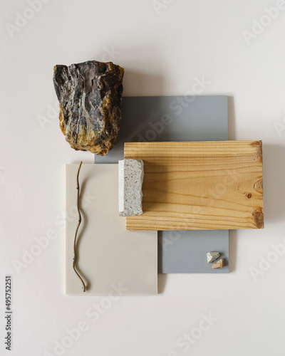 Textures mood board. Material samples interior design. Moodboard for architects styling and selection. Top view moodboard