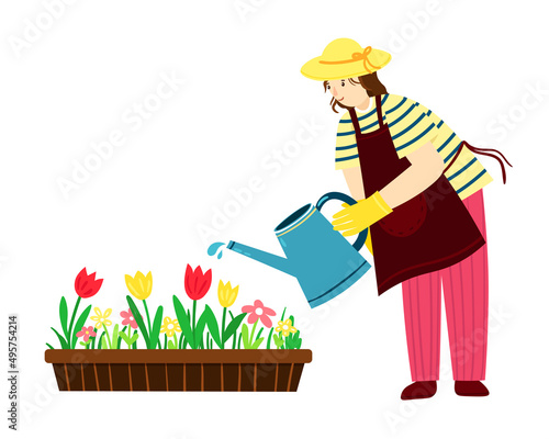Vector illustration of  happy girl - gardener watering a flower bed. Girl-gardener takes care of the garden