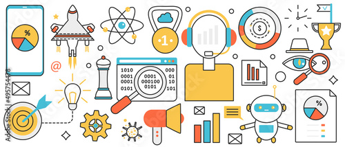 Process of automation in industry, robots. Abstract launch of rocket and creative startup project, automatic control of innovations and development in infographic concept banner, thin line art design