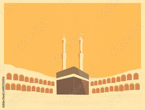 Vector Islam landscape of kaaba mecca madina Saudi Arabia. a building at the center of Islam's most important mosque, the Masjid al-Haram in Mecca, Saudi Arabia. It is the most sacred site in Islam. 