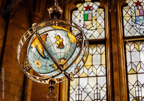 Closeup shot of a globe in the library of US Congress photo