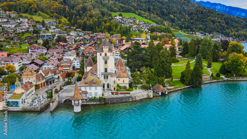 Famous Castle Oberhofen at Lake Thun in Switzerland - drone footage