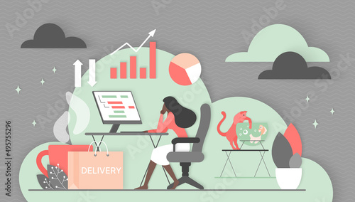 Remote work from home. Business analysis from tiny woman sitting at computer monitor and working with rising graph arrow and online report documents flat vector illustration. Freelance concept